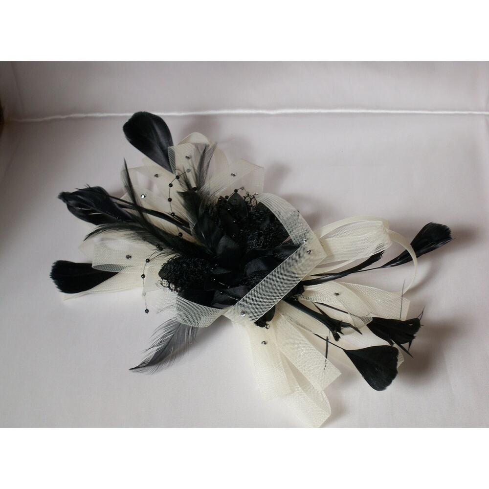 Black white headband, mesh hat Derby fascinator clip headpiece black white hat